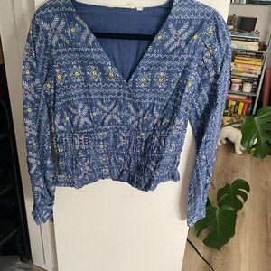 Blue Floral-Embroidered V-Neck Women’s Top